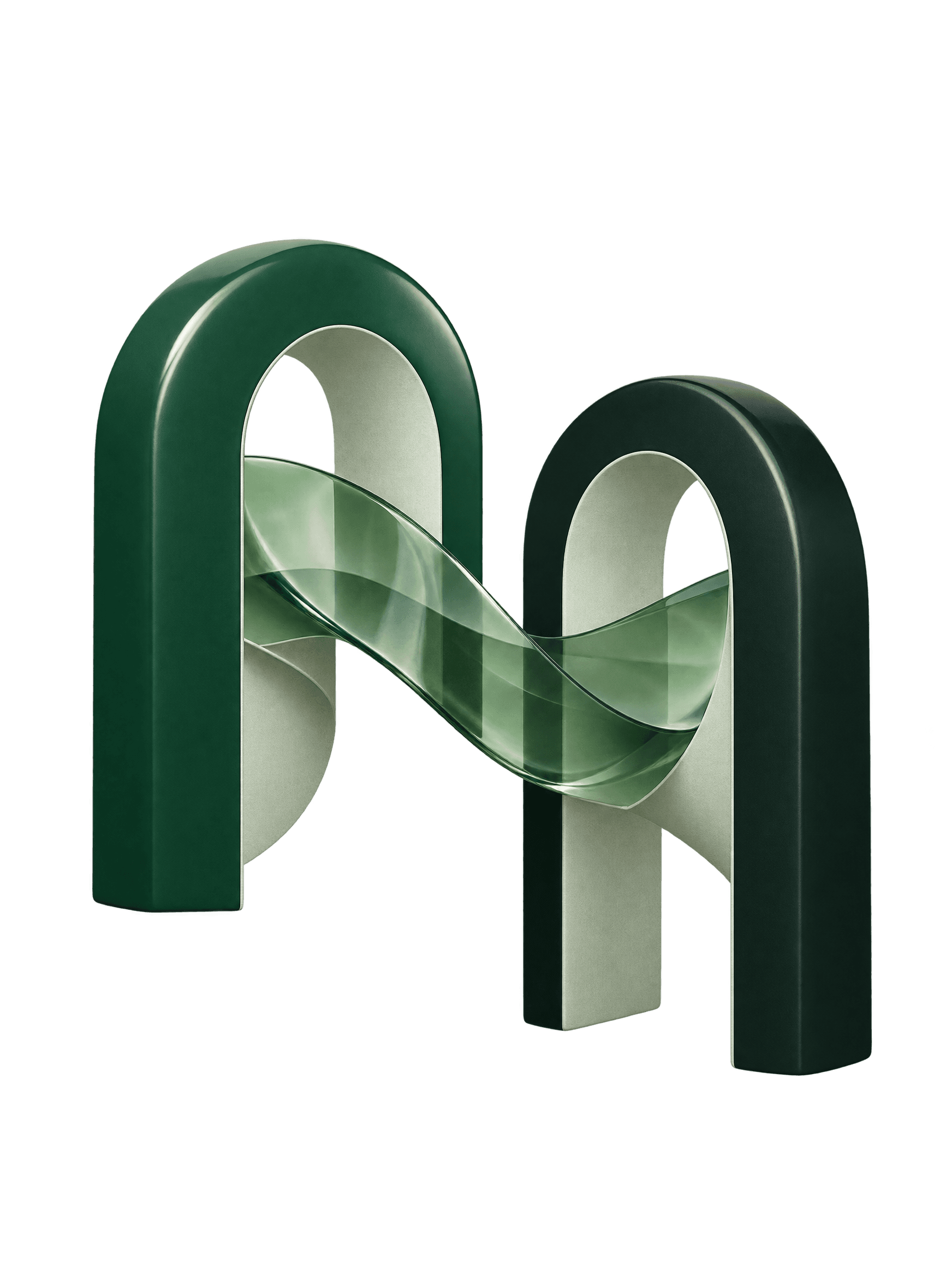 Two sculptural arches connected by a translucent green wave